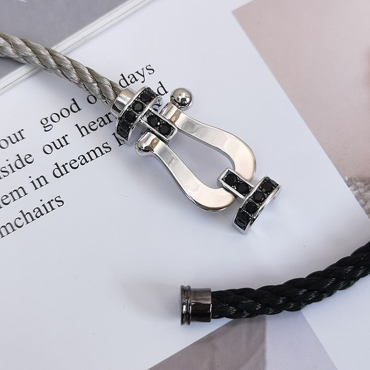[✨Rose💎]BRACELET FORCE GRAND FER À CHEVAL DIAMANT NOIR ARGENT
