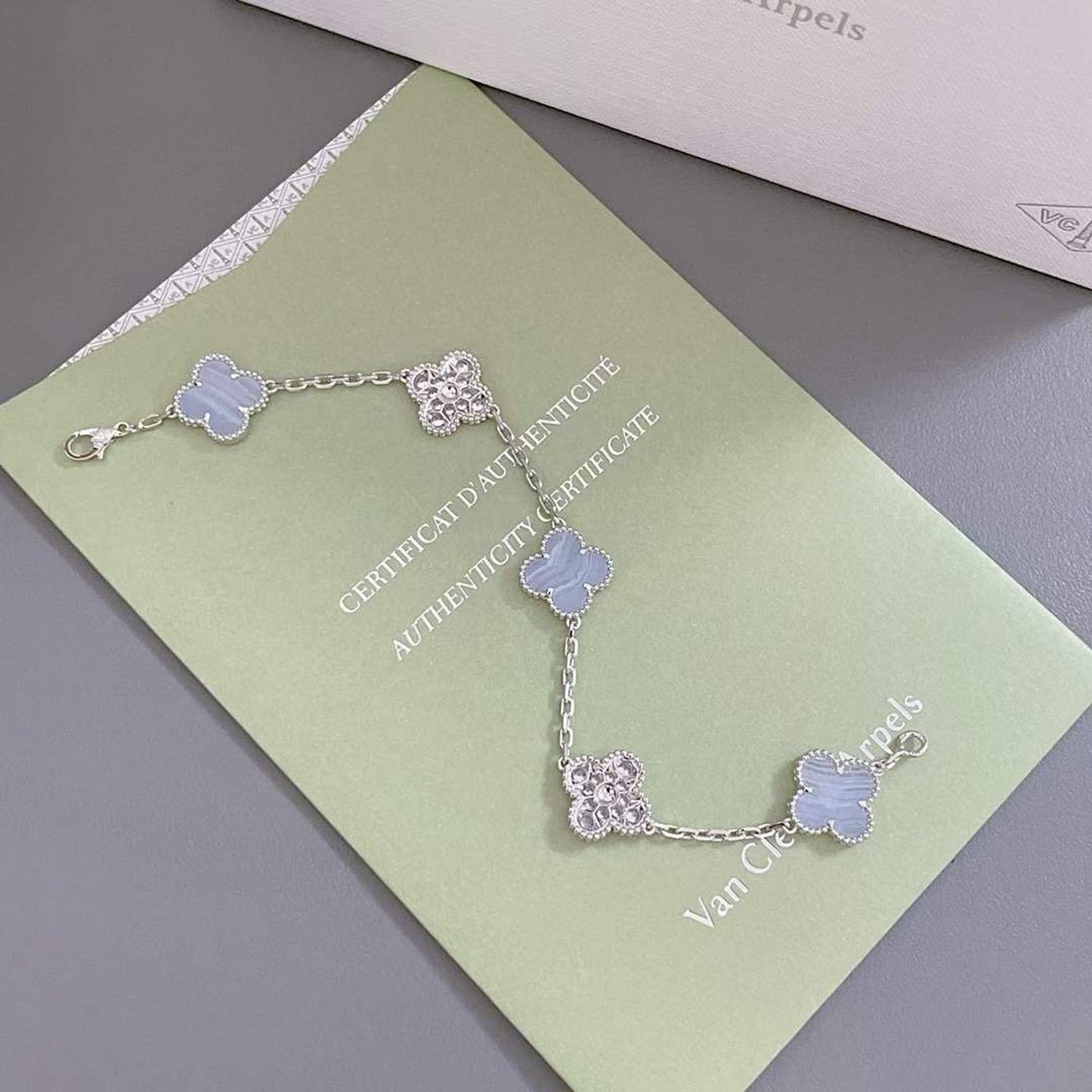 [✨Rose💎]BRACELET TRÈFLE 5 MOTIF DIAMANT CALCÉDOINE VIOLET ARGENT 