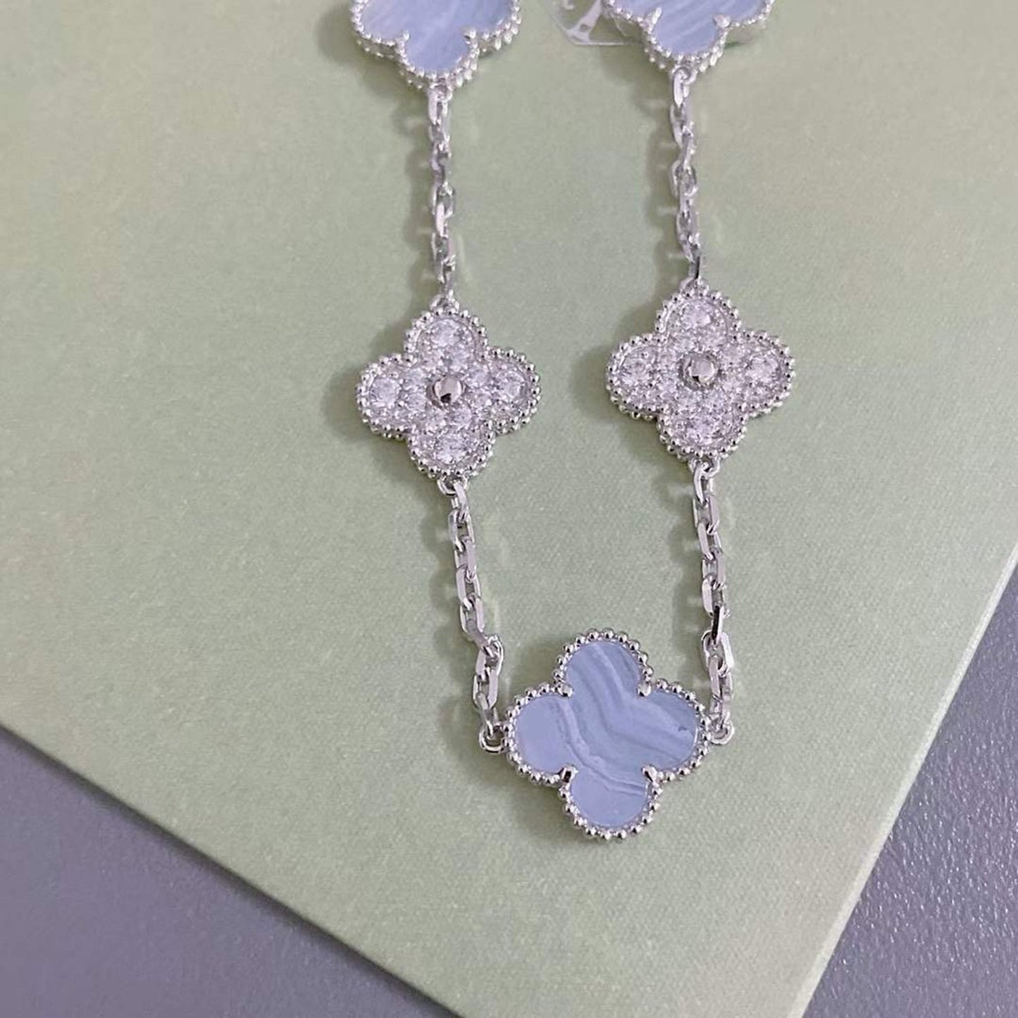 [✨Rose💎]BRACELET TRÈFLE 5 MOTIF DIAMANT CALCÉDOINE VIOLET ARGENT 