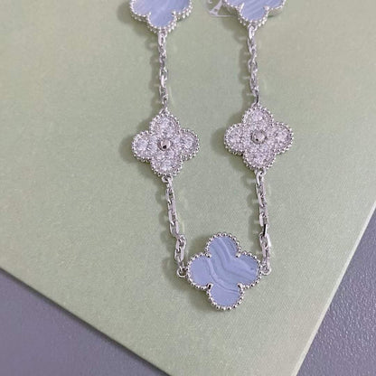 [✨Rose💎]BRACELET TRÈFLE 5 MOTIF DIAMANT CALCÉDOINE VIOLET ARGENT 