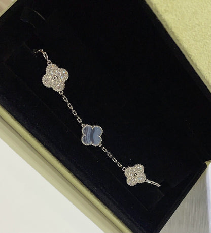 [✨Rose💎]BRACELET TRÈFLE 5 MOTIF DIAMANT CALCÉDOINE VIOLET ARGENT 