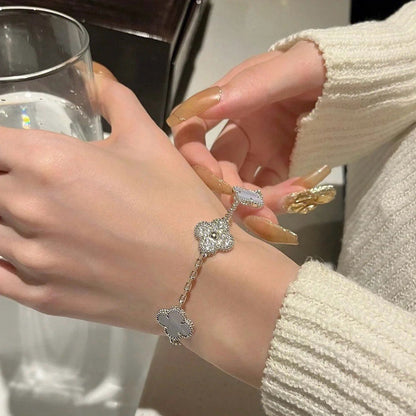 [✨Rose💎]BRACELET TRÈFLE 5 MOTIF DIAMANT CALCÉDOINE VIOLET ARGENT 