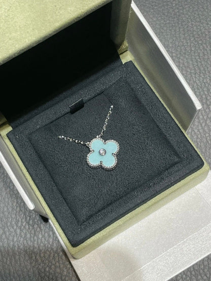 [✨Rose💎] COLLIER TRÈFLE 1 DIAMANT BLEU CLAIR EN ARGENT