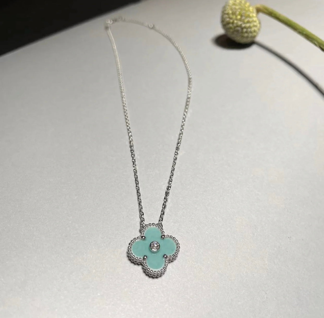 [✨Rose💎] COLLIER TRÈFLE 1 DIAMANT BLEU CLAIR EN ARGENT