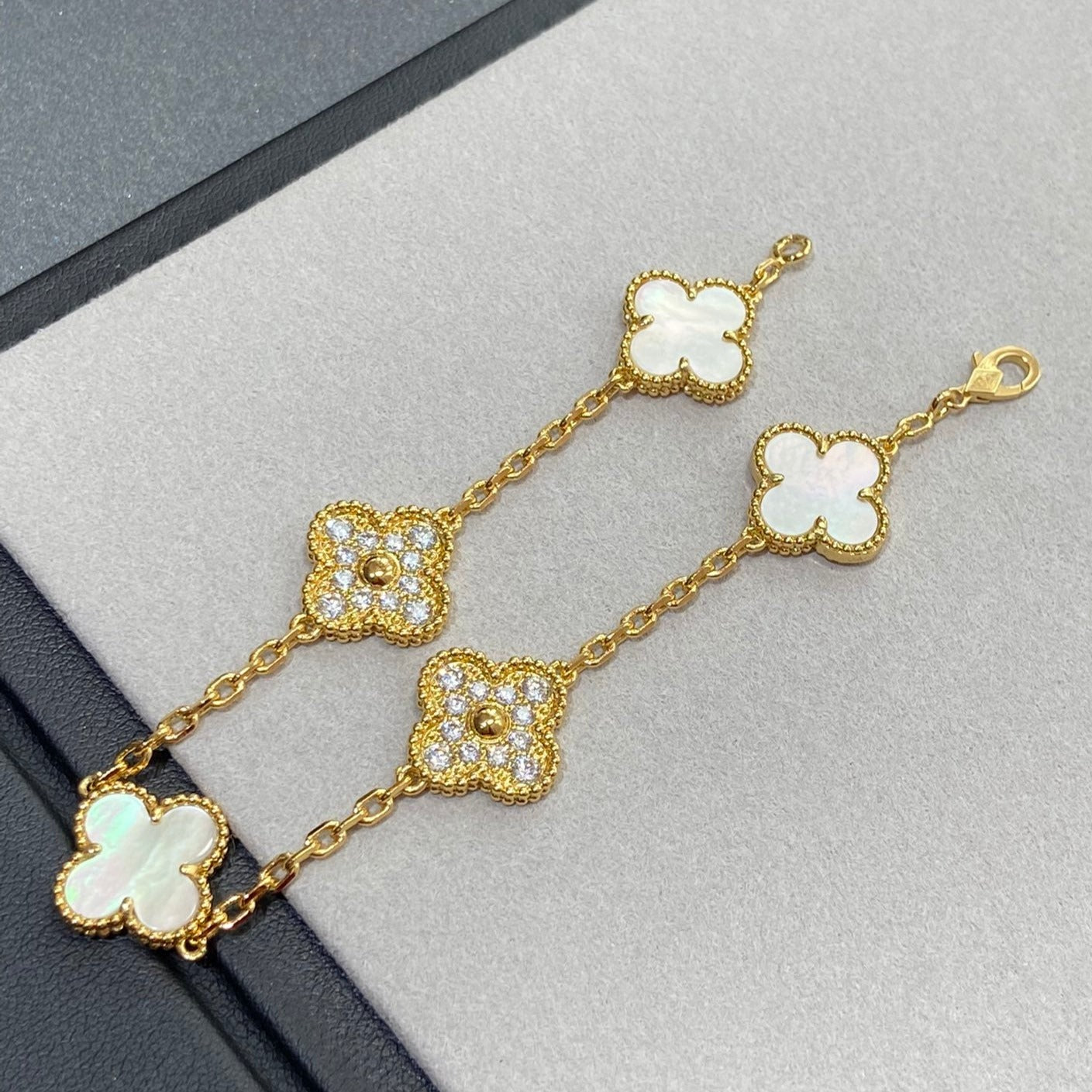 [✨Rose💎]BRACELET TRÈFLE 5 MOTIFS NACRE BLANCHE DIAMANT 