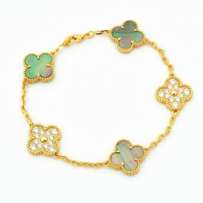 [✨Rose💎]BRACELET TRÈFLE 5 MOTIF NACRE GRIS DIAMANT