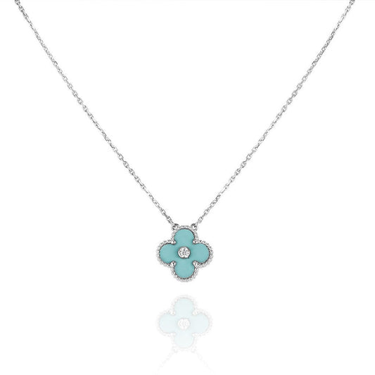 [✨Rose💎] COLLIER TRÈFLE 1 DIAMANT BLEU CLAIR EN ARGENT