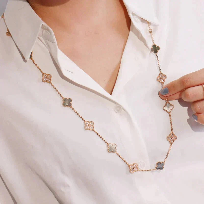 [✨Rose💎] COLLIER TRÈFLE 20 MOTIFS NACRE FONCÉE DIAMANTS
