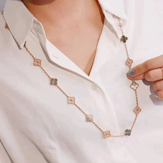 [✨Rose💎] COLLIER TRÈFLE 20 MOTIFS NACRE FONCÉE DIAMANTS