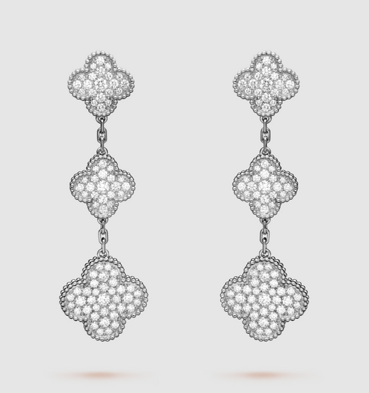 [✨Rose💎]CLOVER 3 MOTIF DIAMOND SILVER DROP EARRINGS