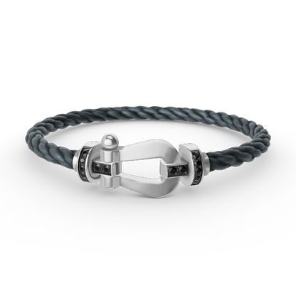[✨Rose💎]BRACELET FORCE GRAND FER À CHEVAL DIAMANT NOIR ARGENT