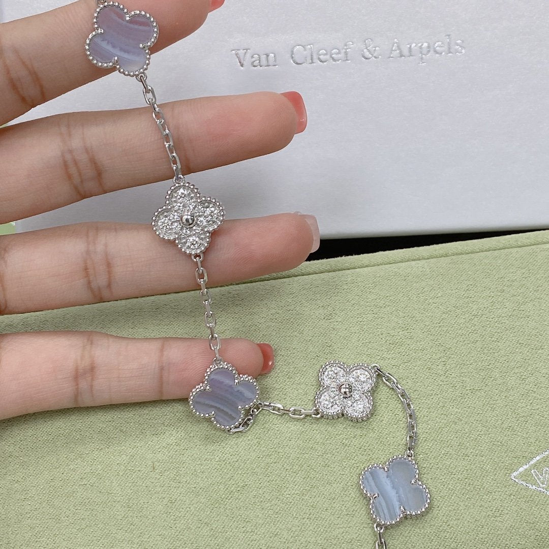 [✨Rose💎]BRACELET TRÈFLE 5 MOTIF DIAMANT CALCÉDOINE VIOLET ARGENT 