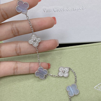 [✨Rose💎]BRACELET TRÈFLE 5 MOTIF DIAMANT CALCÉDOINE VIOLET ARGENT 