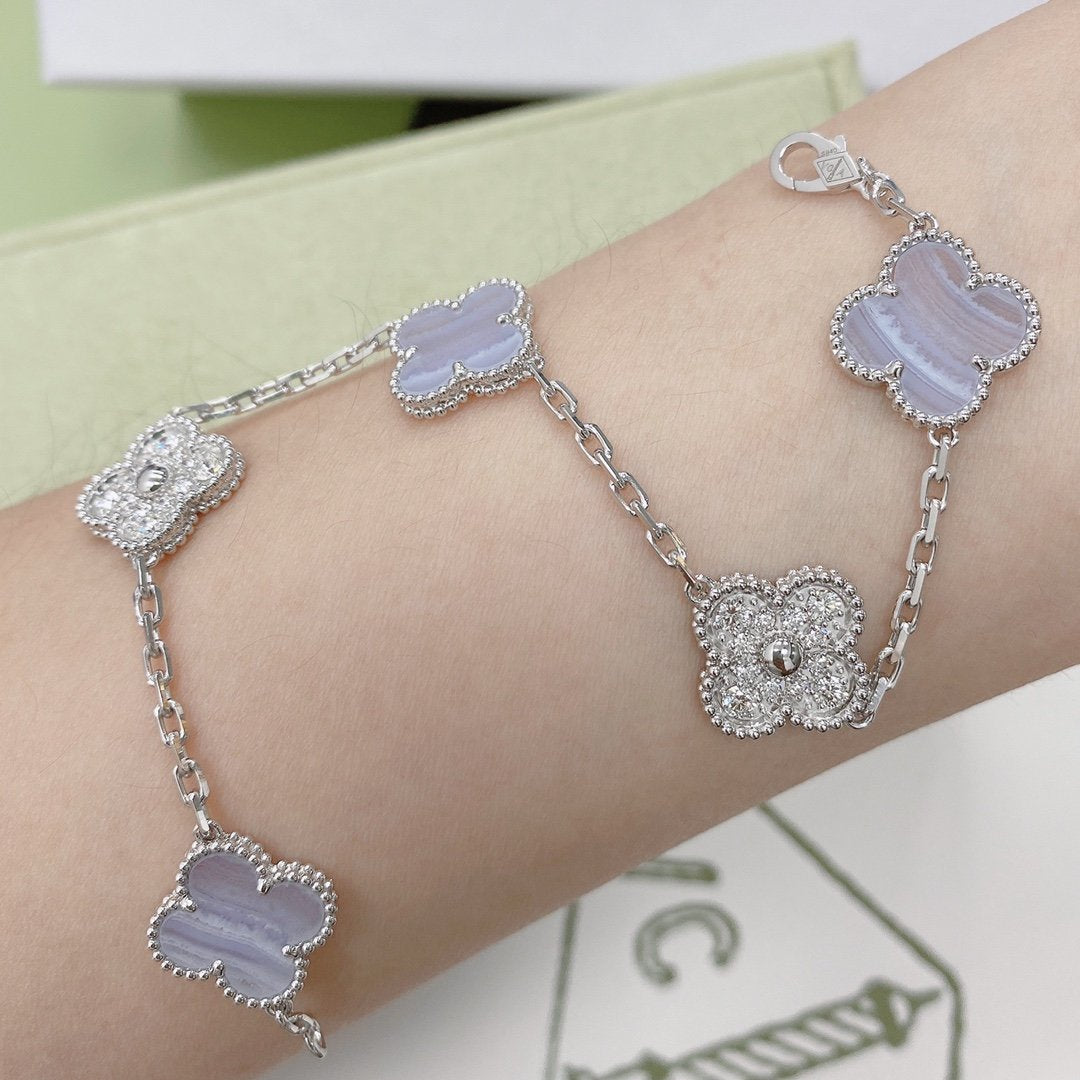 [✨Rose💎]BRACELET TRÈFLE 5 MOTIF DIAMANT CALCÉDOINE VIOLET ARGENT 