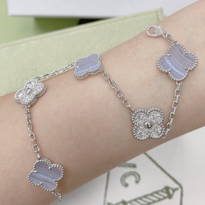 [✨Rose💎]BRACELET TRÈFLE 5 MOTIF DIAMANT CALCÉDOINE VIOLET ARGENT 