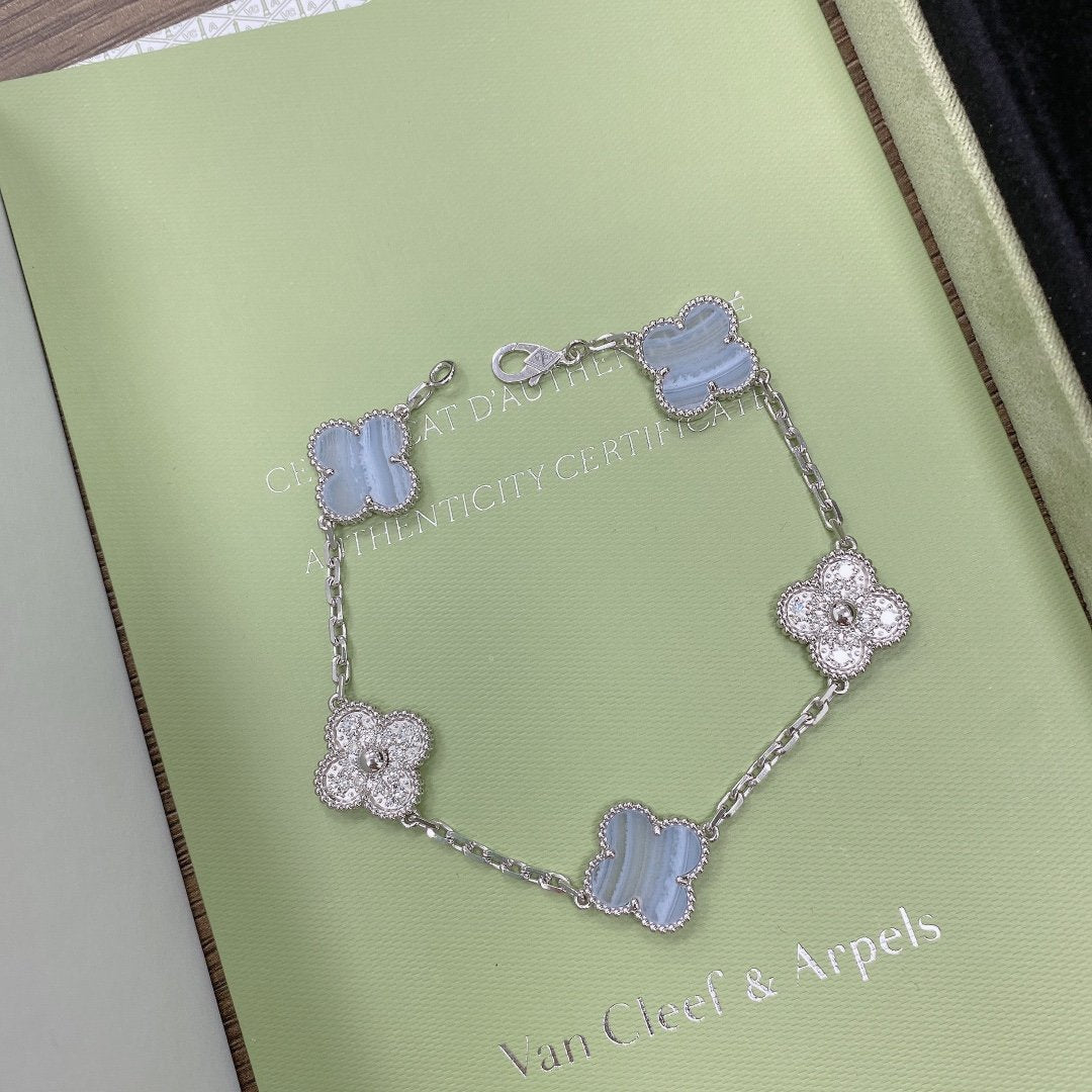 [✨Rose💎]BRACELET TRÈFLE 5 MOTIF DIAMANT CALCÉDOINE VIOLET ARGENT 