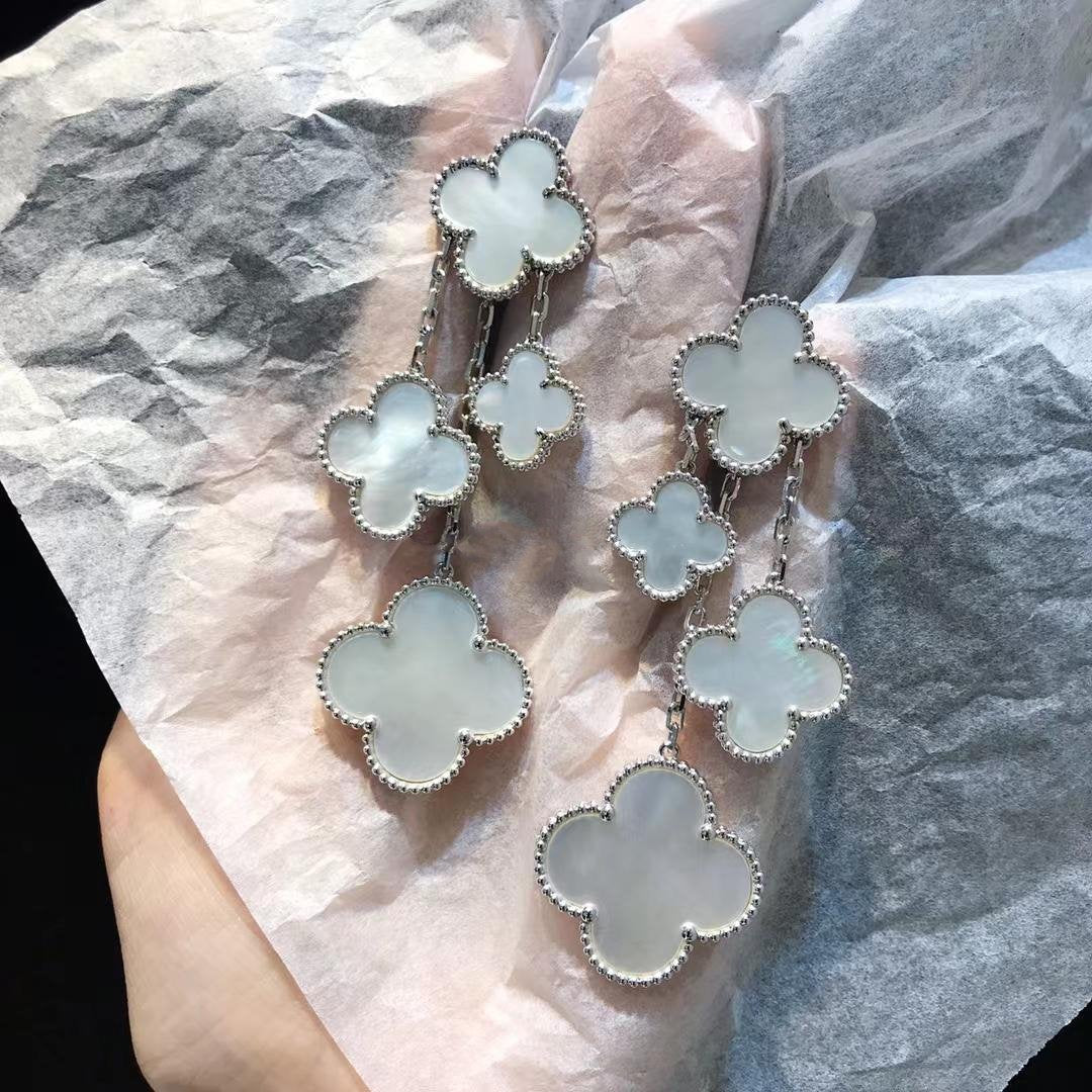 [✨Rose💎]BOUCLES D'OREILLES TRÈFLE NACRE BLANCHE 4 MOTIFS ARGENT