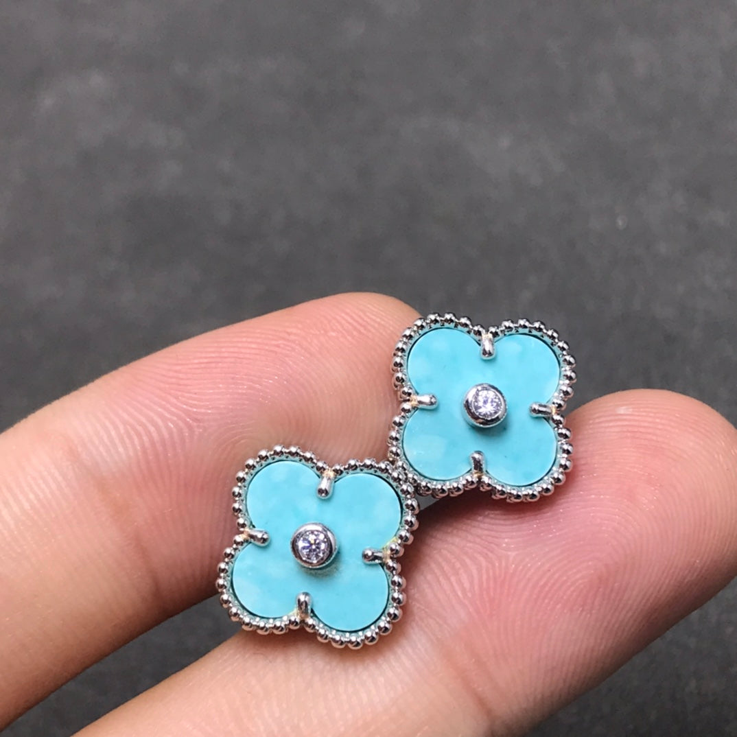 [✨Rose💎] BOUCLES D'OREILLES CLOVER 1 DIAMANT BLEU CIEL ARGENT